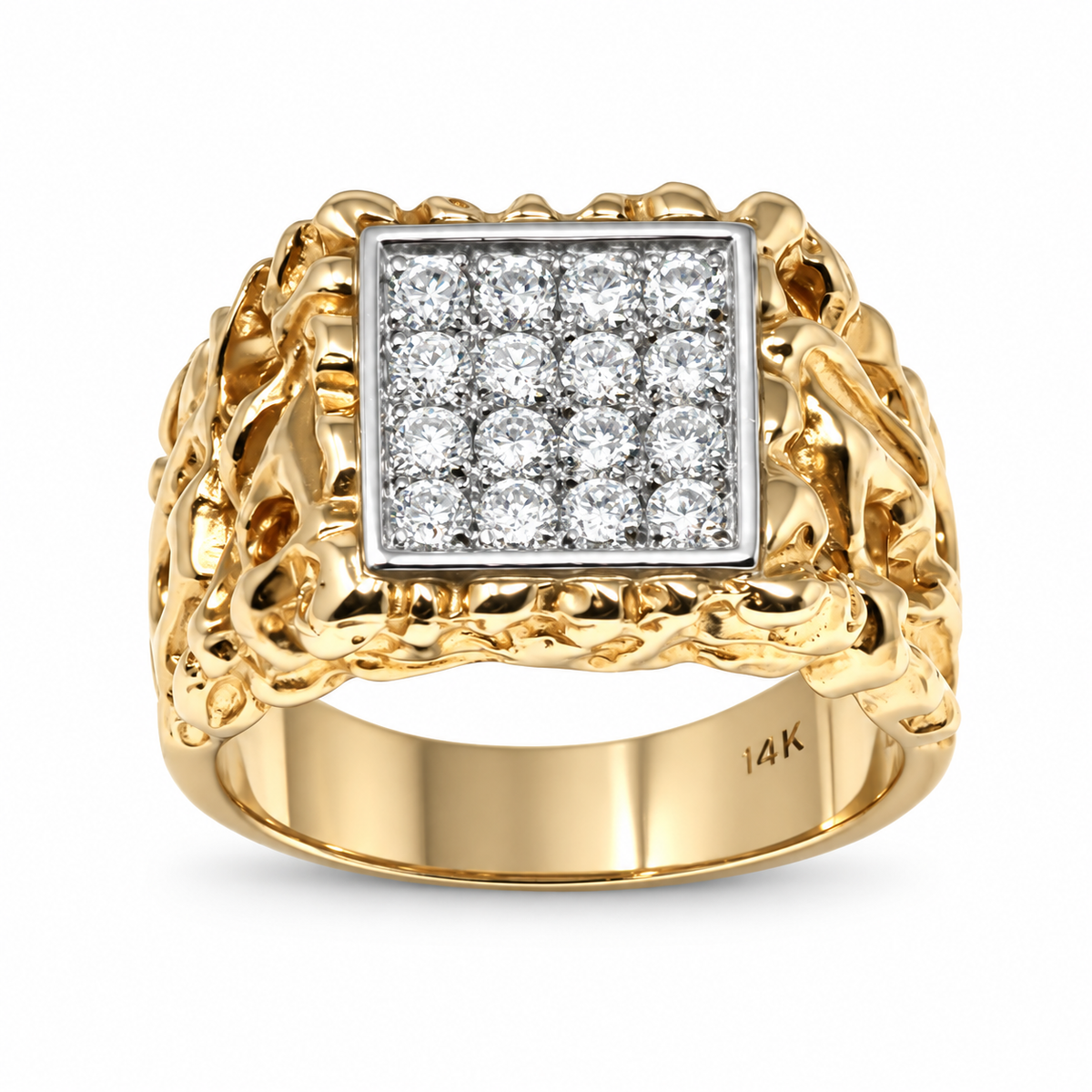 A gold signet ring featuring a square face paved with small white diamonds, surrounded by a textured gold border and a polished gold band with a visible 14K hallmark.