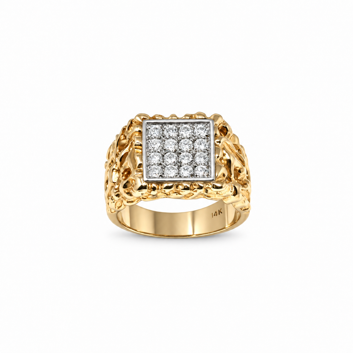 A yellow gold signet ring featuring a square face paved with clear diamonds, flanked by textured, chain-like gold bands, shown on a plain white background.