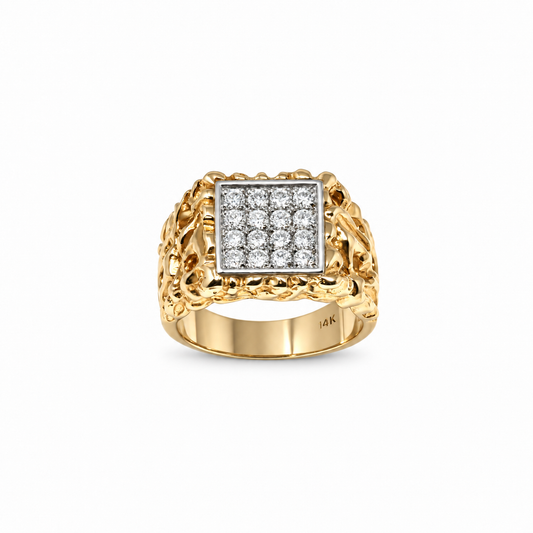A yellow gold signet ring featuring a square face paved with clear diamonds, flanked by textured, chain-like gold bands, shown on a plain white background.
