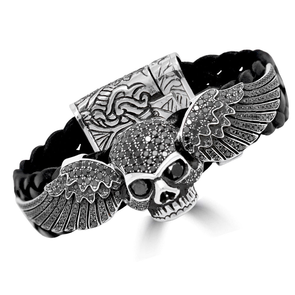 Black Diamond Skull Wings Leather Bracelet