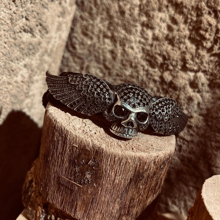 Black Diamond Skull Wings Leather Bracelet