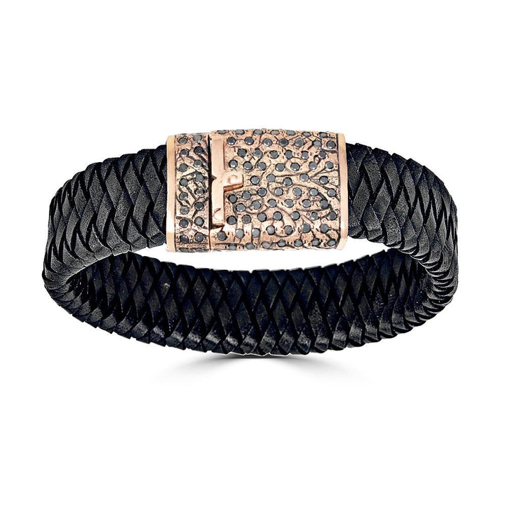 Black Diamond Wide Braided Leather Bracelet In Rose Gold