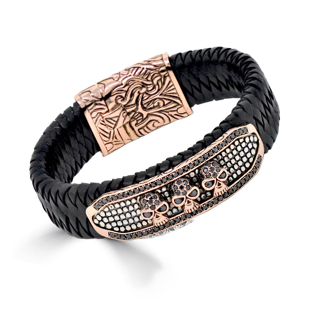 Black Diamond Skulls ID Leather Bracelet