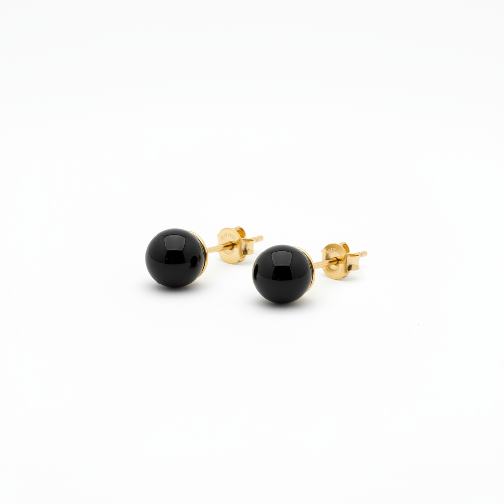 Black Onyx balls Stud Earrings with yellow gold backings