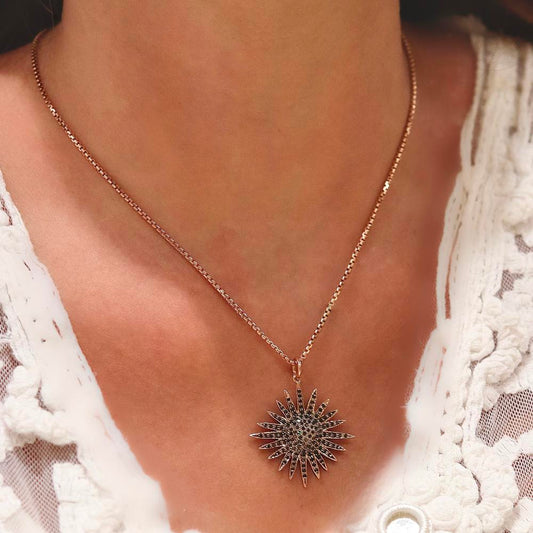 Black Diamond Snowflake Pendant Necklace In Rose Gold