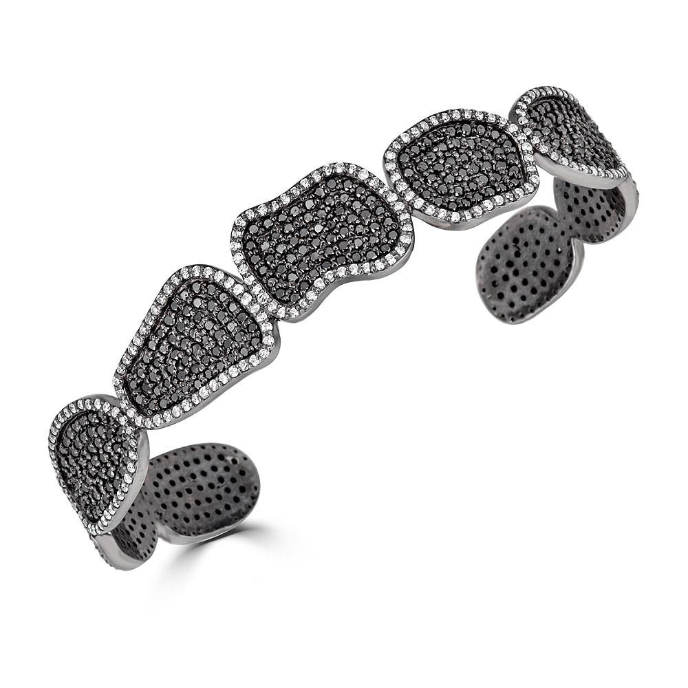 Black & White Diamond Organic Shapes Open Cuff Bracelet