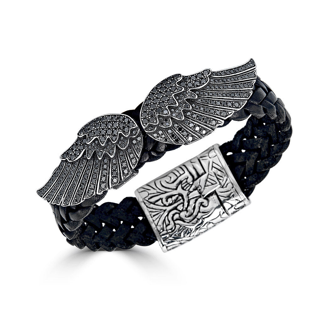 Black Diamond Wings Leather Bracelet