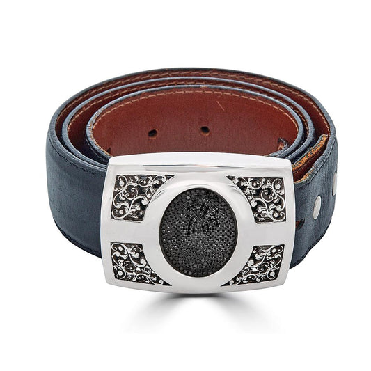 Leather Belt With Oval Black Diamond Center And Fleur De Lis