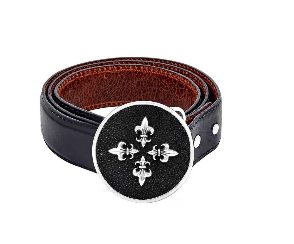 Leather Belt Round Stingray Fleur De Lis Buckle