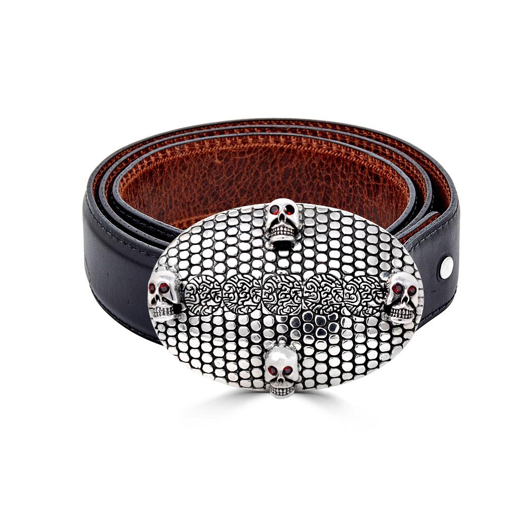 Leather Belt With Oval Snake Texture And Skull Buckle