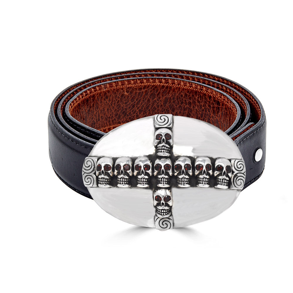 Leather Belt With Oval Skulls Buckle