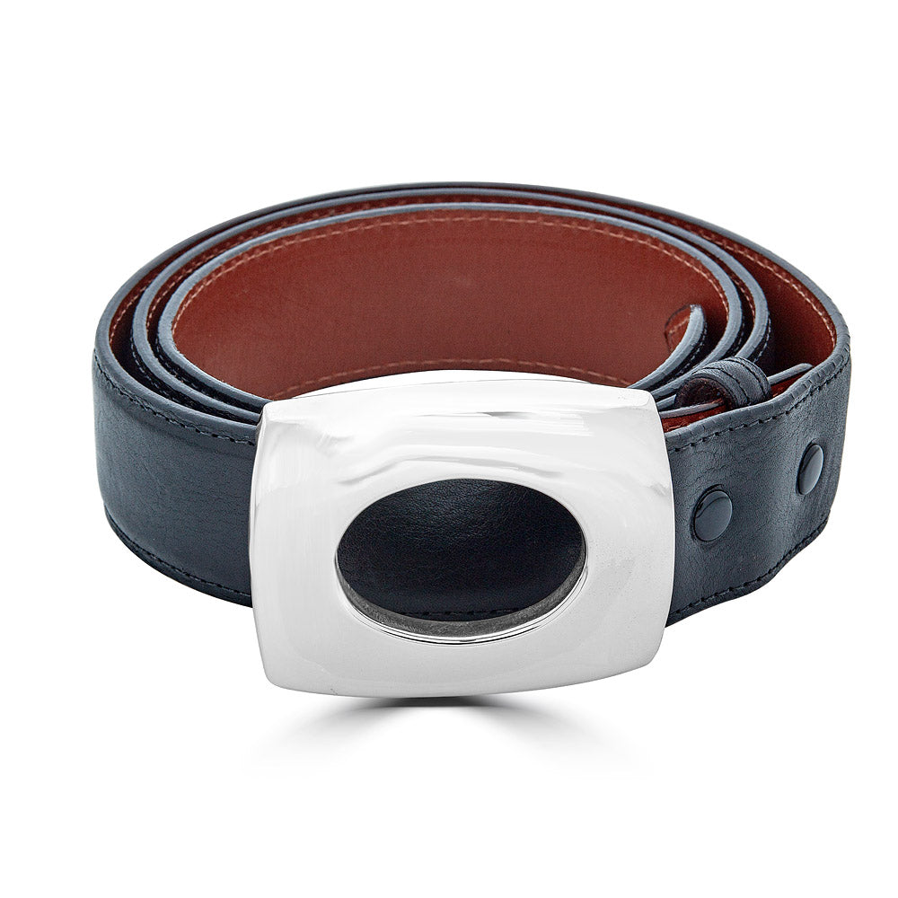 Leather Belt With Oval Cutout Buckle