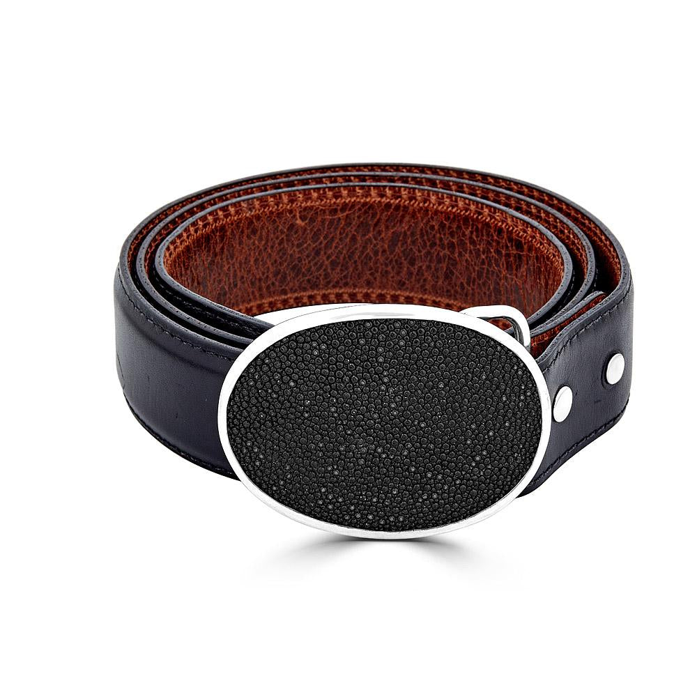 Leather Belt With Oval Black Stingray Buckle