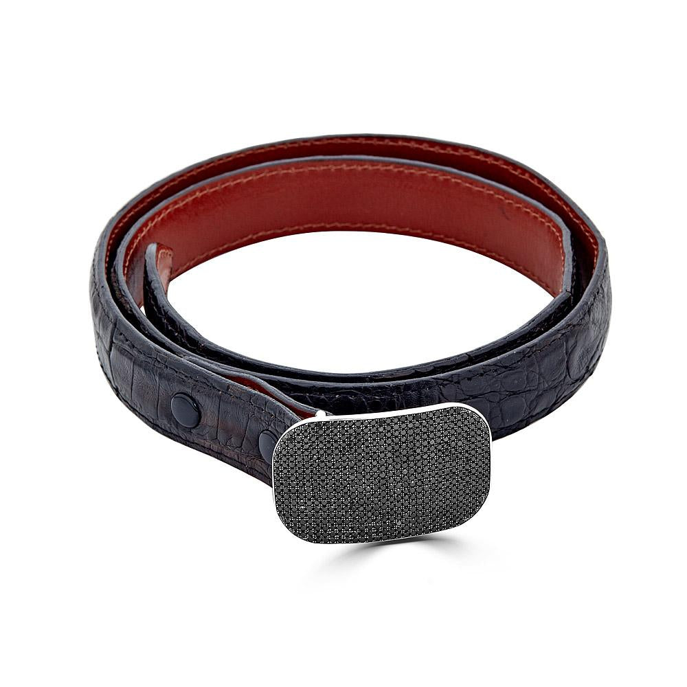 Leather Belt With Rectangular Black Diamond Buckle