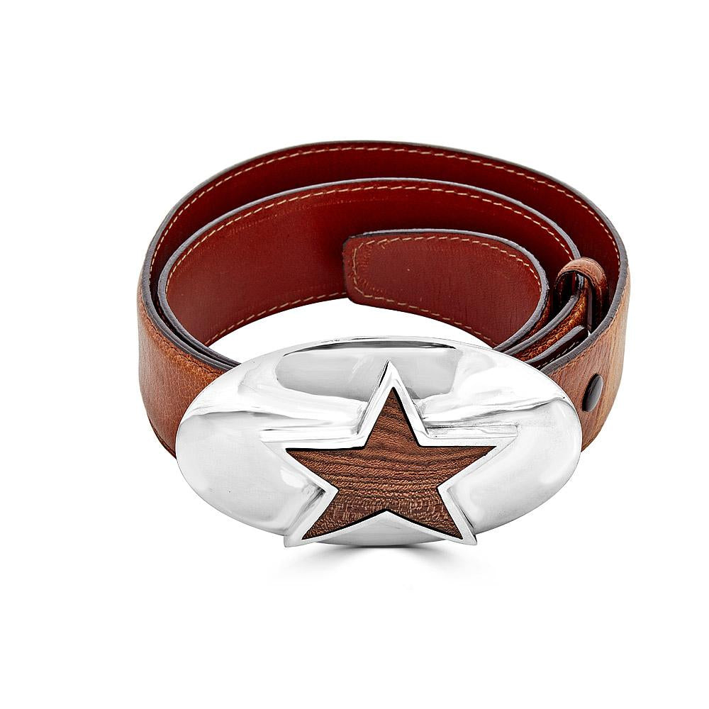 Leather Belt With Oval Wood Star Buckle