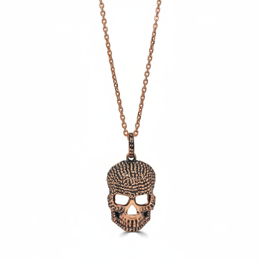 14k rose gold skull pendant necklace with hand-set black diamonds and delicate rose gold chain - VERSANI NY