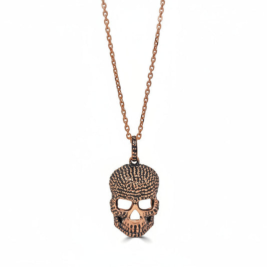 14k rose gold skull pendant necklace with hand-set black diamonds and delicate rose gold chain - VERSANI NY
