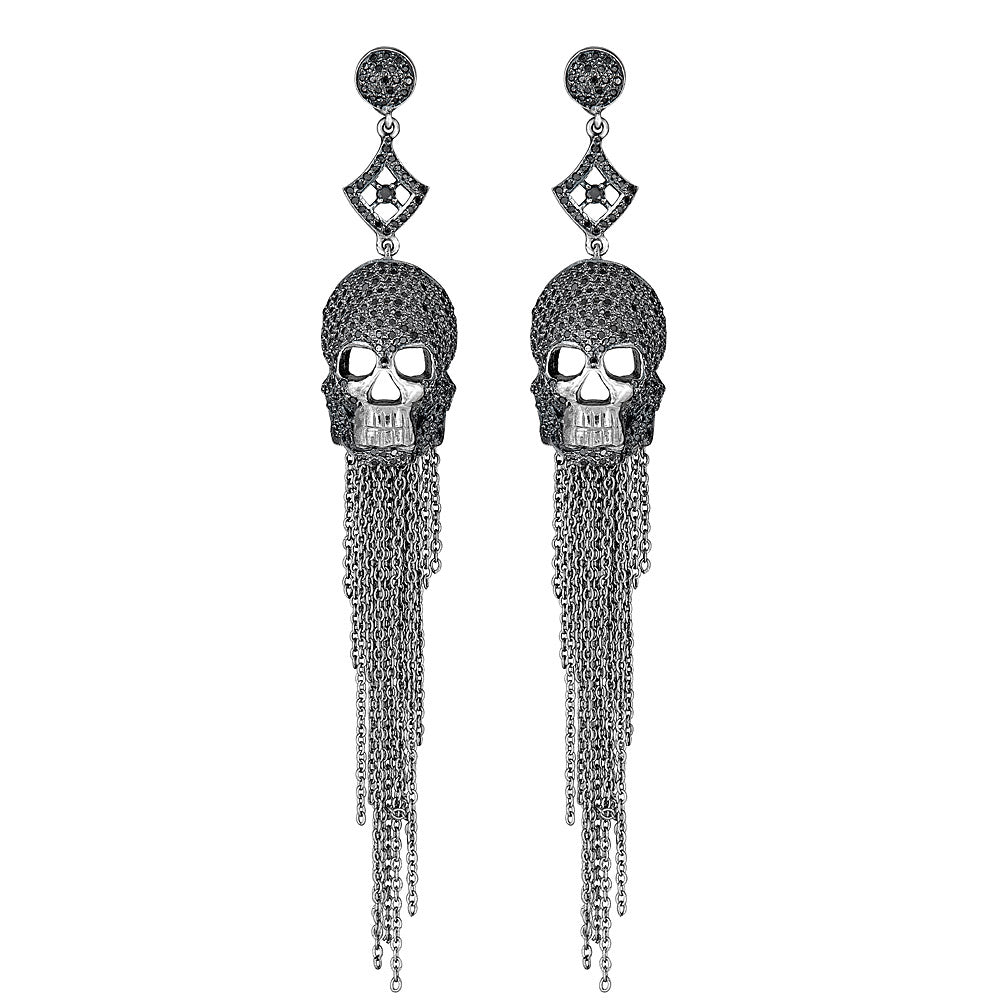 Black Diamond Skull Tassel Earrings
