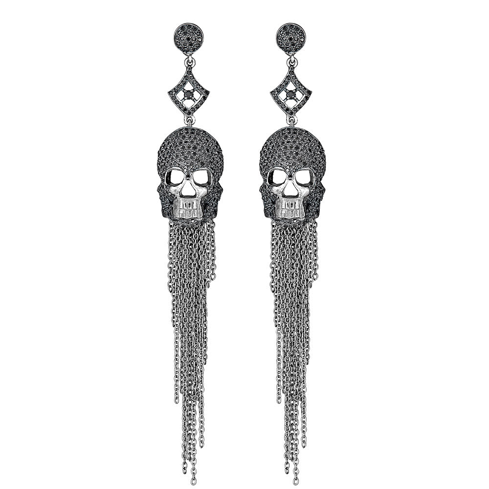 Black Diamond Skull Tassel Earrings