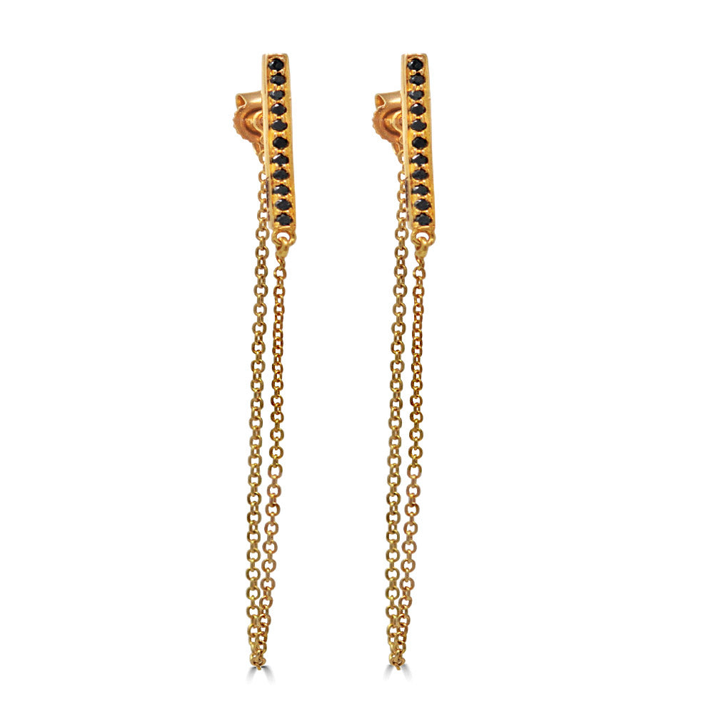 Black Diamond Bar Connection Chain Earrings In Yellow Gold