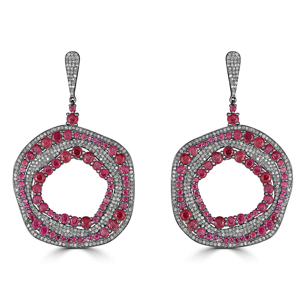 Alternating Circular Rows Of Rubies And Diamonds Earrings