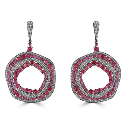 Alternating Circular Rows Of Rubies And Diamonds Earrings