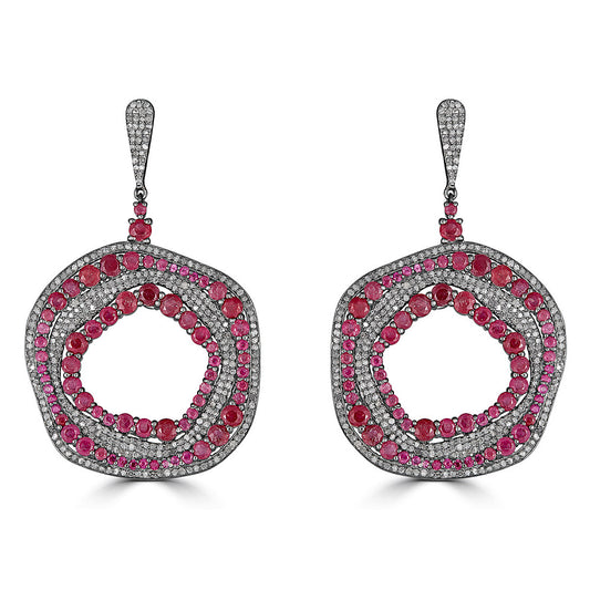 Alternating Circular Rows Of Rubies And Diamonds Earrings
