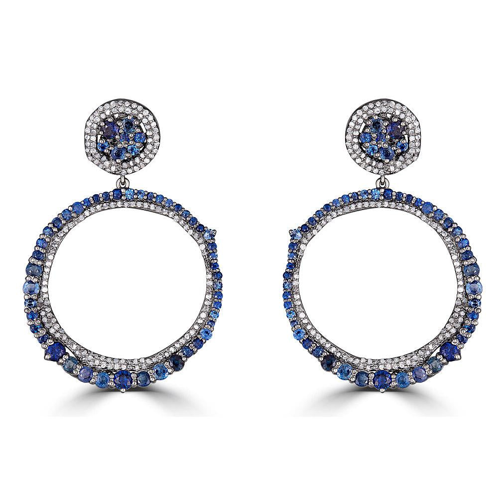 White Diamond And Blue Sapphire Circle Dangling Earrings