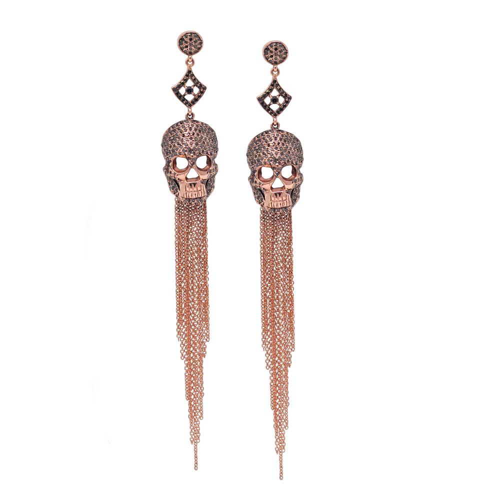 Black Diamond Skull Earrings With Tassels In Rose Gold