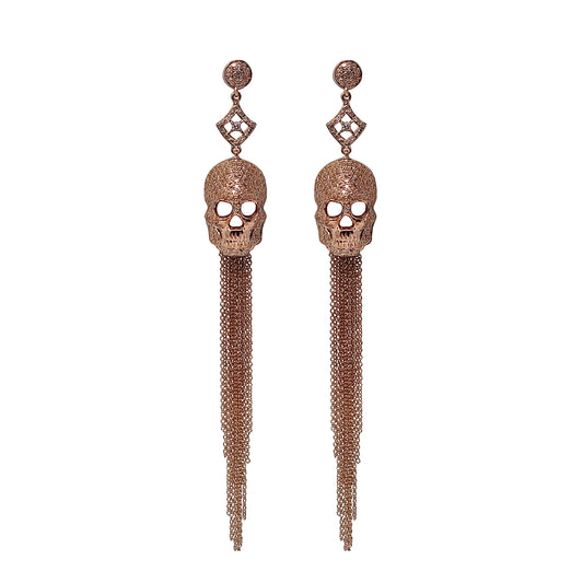 White Diamond Skull Tassel Earrings