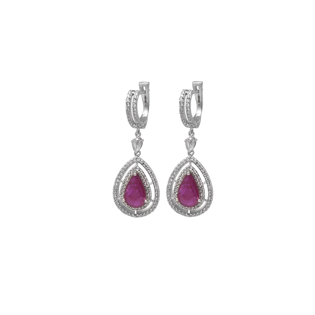 White Diamond And Ruby Drop Earrings In White Gold