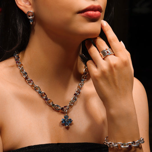 Gemstone Tension Necklace With Flower Pendant