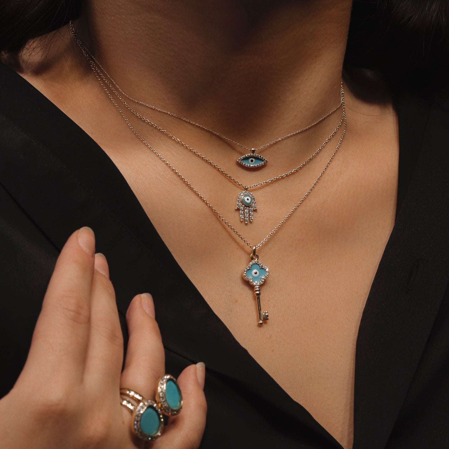 White Diamond Evil Eye Key Pendant Necklace