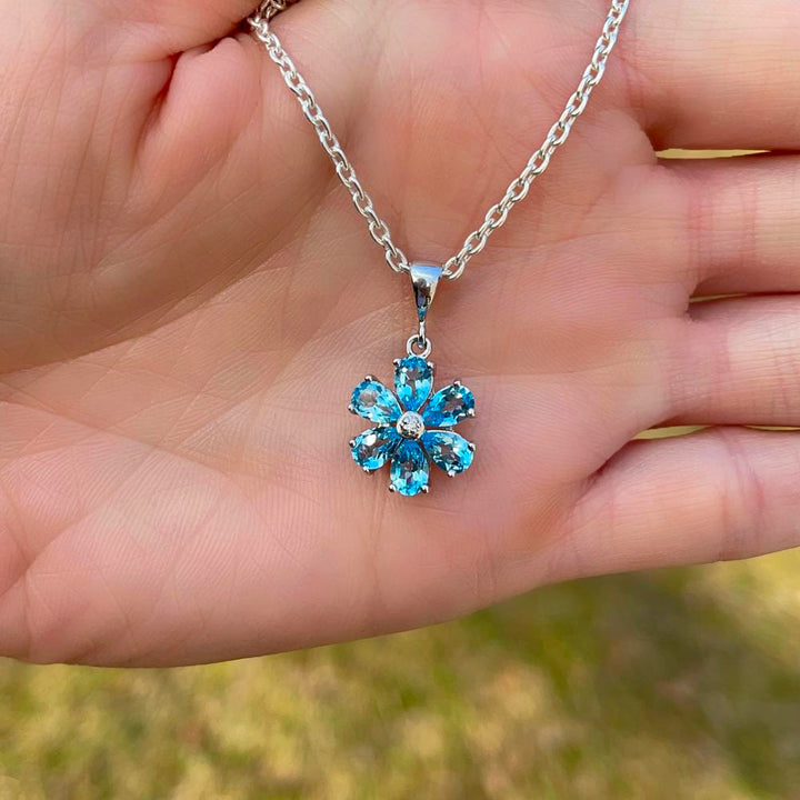 Gemstone Flower With Center Diamonds Pendant Necklace