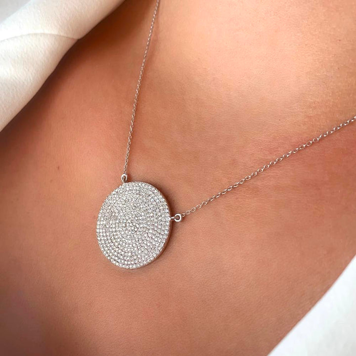 Large White Diamond Disc Pendant Necklace