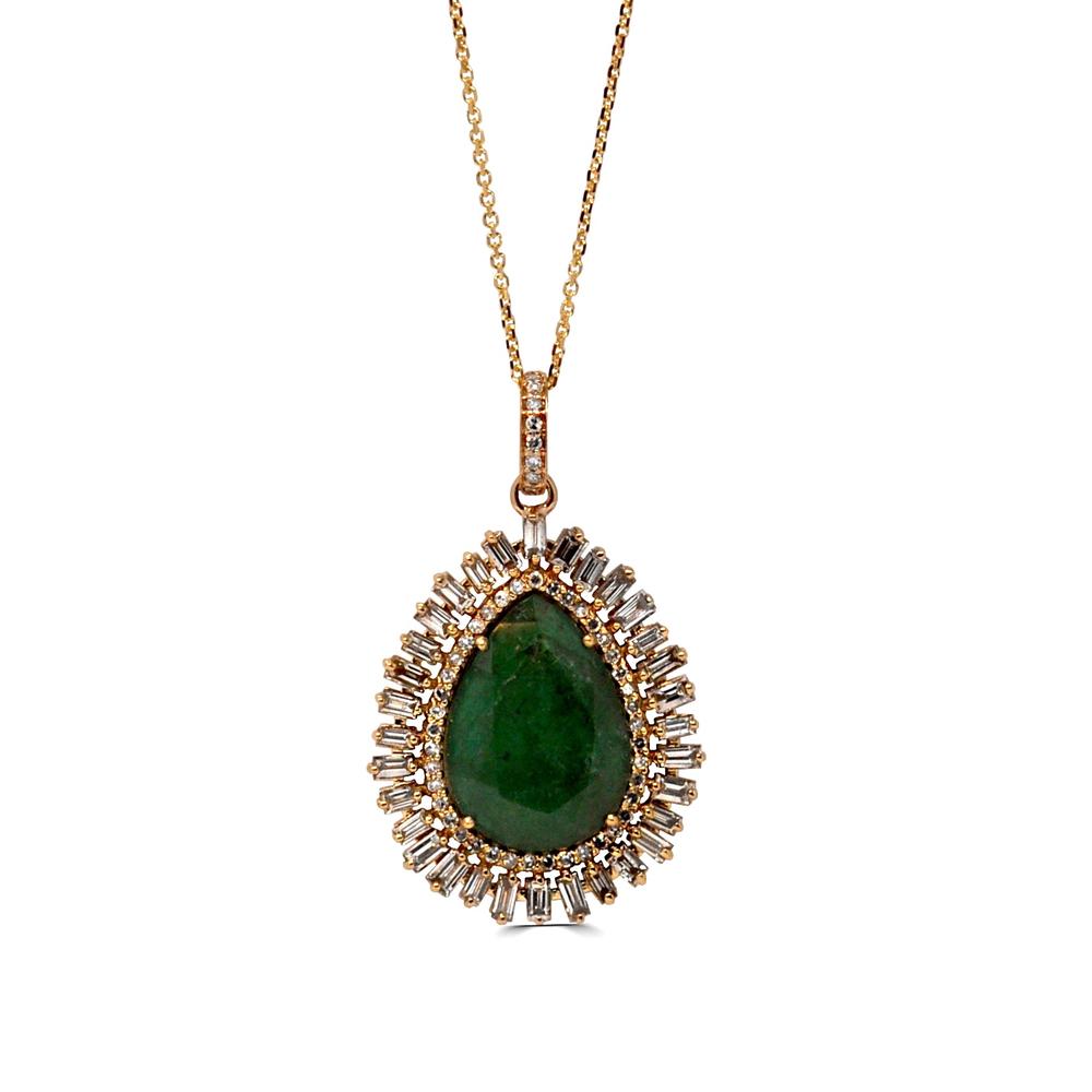 White Diamond And Emerald Tear Pendant Necklace