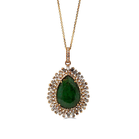 White Diamond And Emerald Tear Pendant Necklace