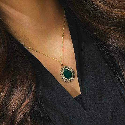 White Diamond And Emerald Tear Pendant Necklace