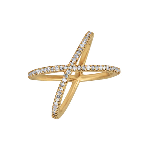 A white diamond crossover ring with a gold band and multiple smaller diamonds on the crossover part.