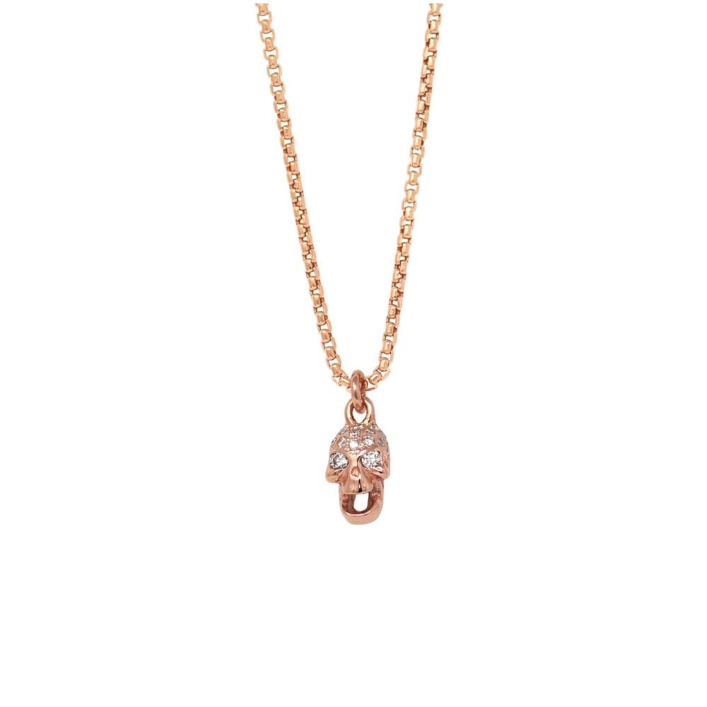 Unisex 14k rose gold mini skull necklace with hand-set white diamonds - Best artisan jewelry by Versani SoHo