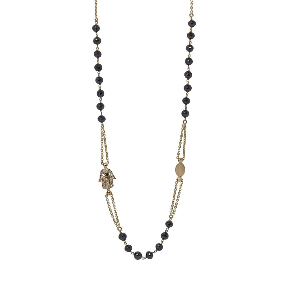 Black Diamond Beaded Necklace With Side Hamsa