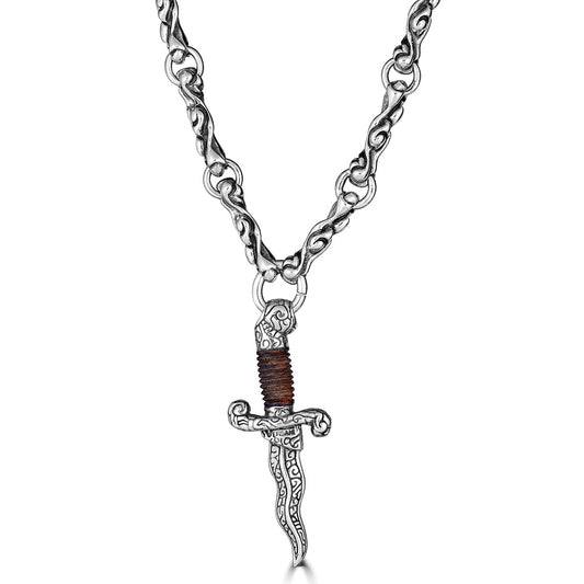 Wood KeyDesign Dagger Pendant on Bar Link Necklace in Sterling Silver