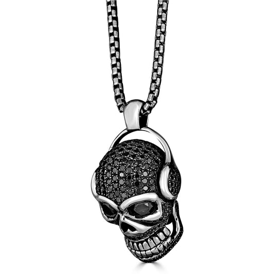 Black Diamond Dj Headphones Skull Pendant Necklace