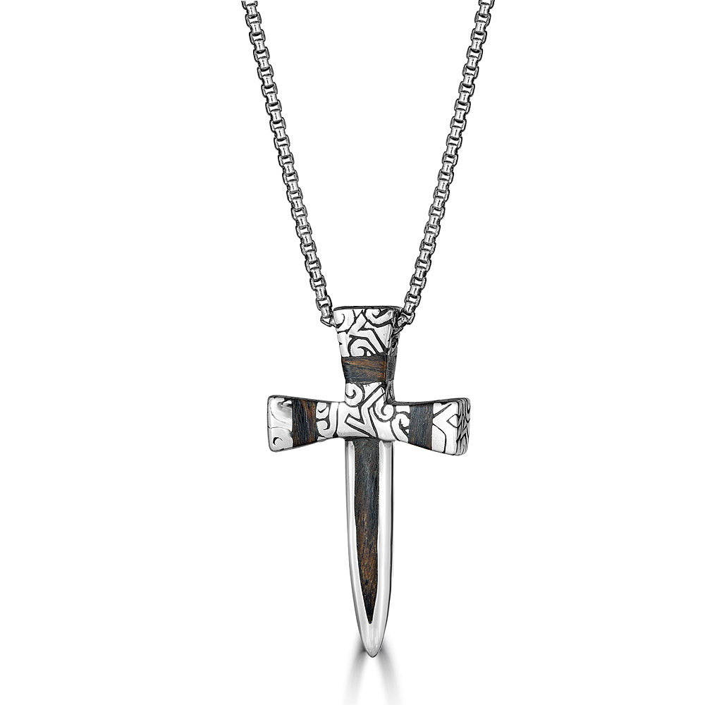 Cross Sword Wood Pendant Necklace