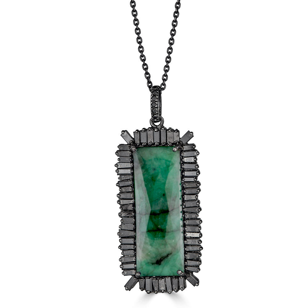 Emerald With Black Diamond Baguette Frame Pendant Necklace