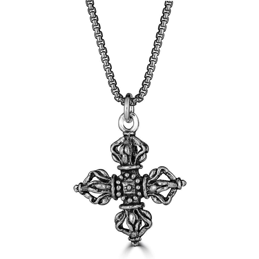 Tibetan Cross Pendant Necklace In Sterling Silver