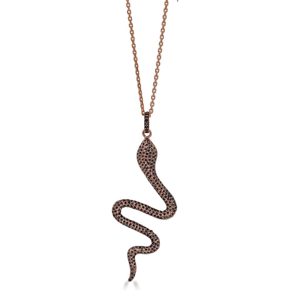 Black Diamond Snake Pendant Necklace In Rose Gold