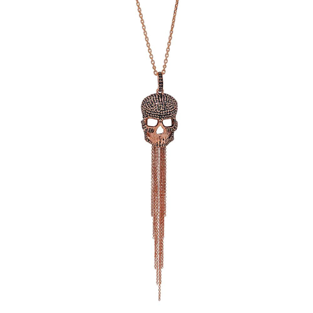 Black Diamond Skull Tassel Pendant Necklace In Rose Gold