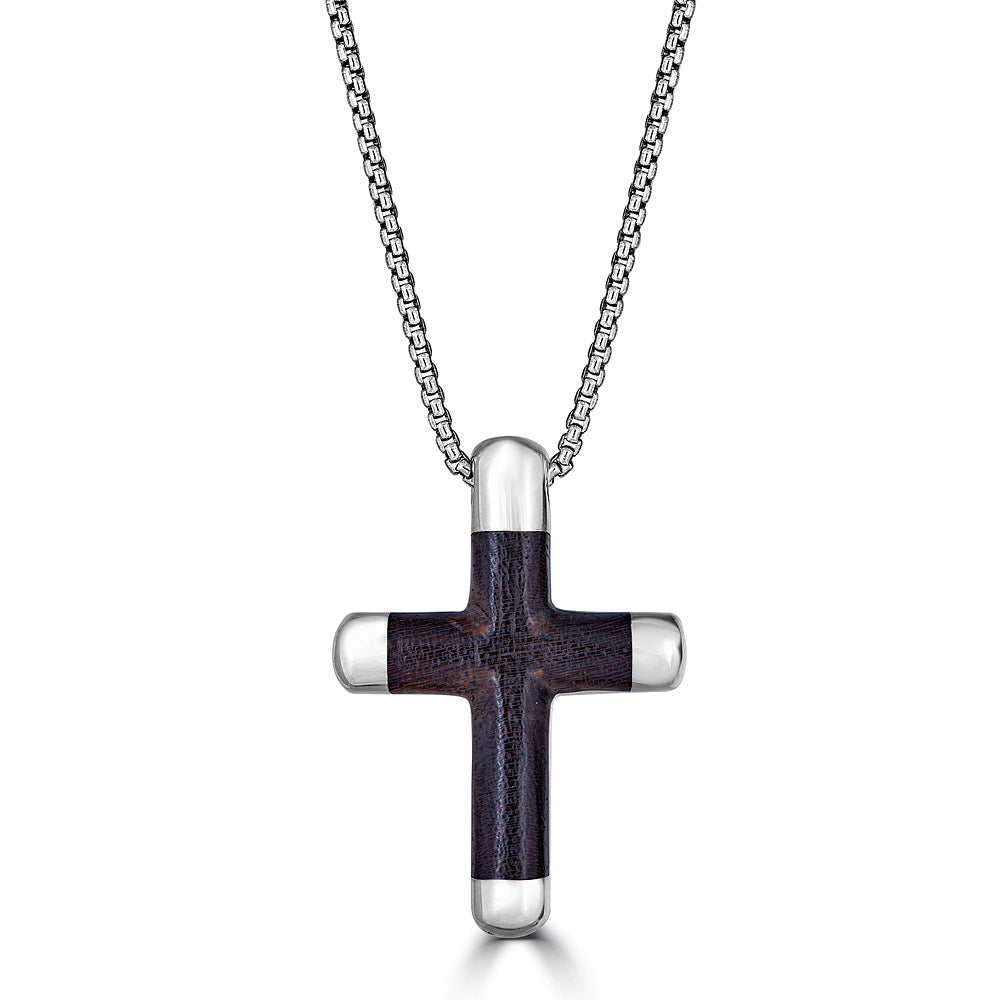 Silver Tipped Bocote Wood Cross Pendant Necklace