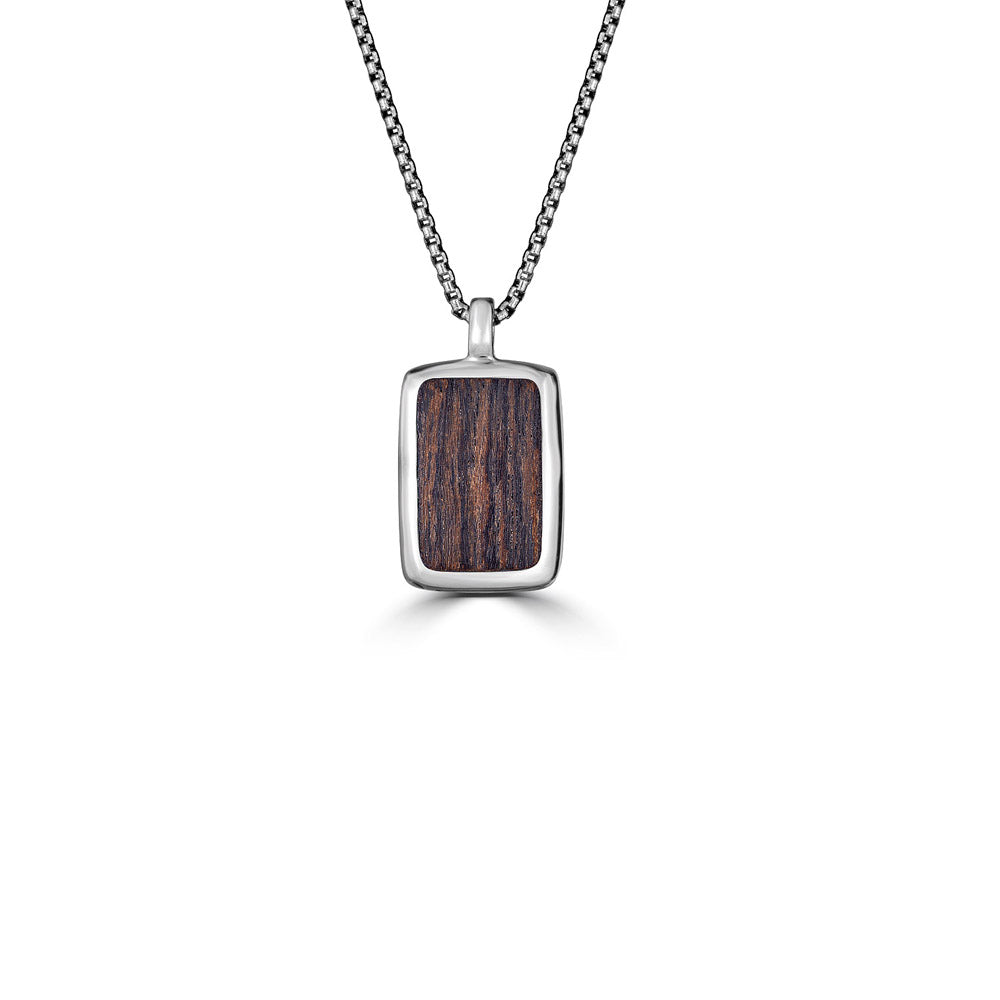 Small Wood Inlay Tag Pendant Necklace in Sterling Silver